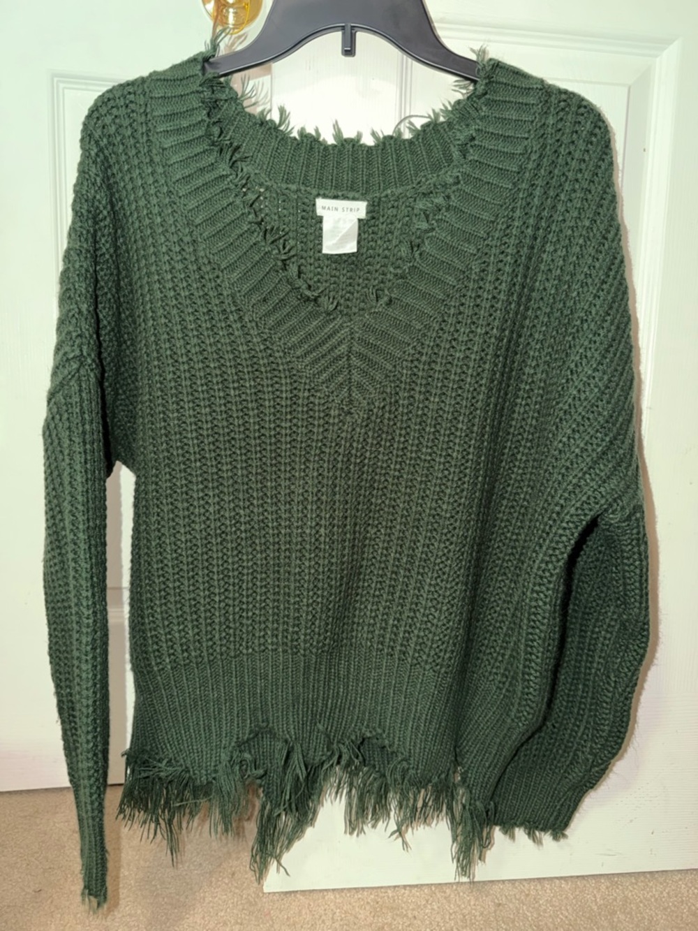 Main Strip Women's Forest Green Distressed V-Neck Chunky Knit Sweater